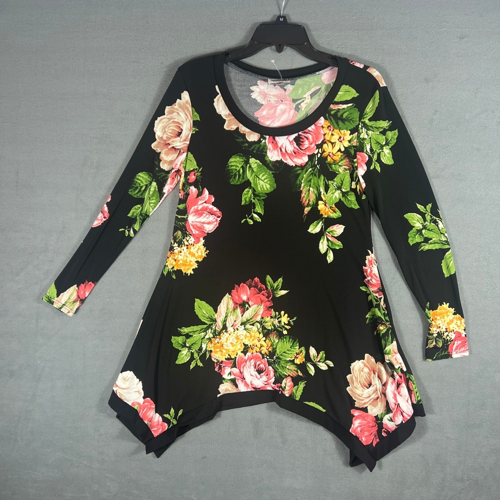 Roz & Ali Womens Tunic Top S Black Floral Sharkbite Hem Long Sleeve Pullover